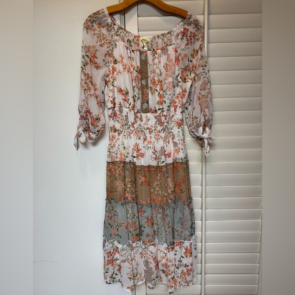 Fig and Flower Floral 3/4 Sleeve Midi Dress - Multi Color - Picture 1 of 8